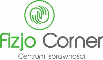 Logo Fizjo Corner - Centrum Sprawności, z zielonym symbolem dłoni w okręgu nad nazwą firmy, napisane szarą i zieloną czcionką.