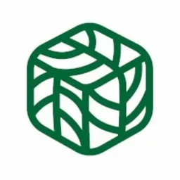 Zielony, geometryczny symbol w kształcie sześcianu z motywem liści wewnątrz.