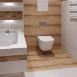 Nowoczesna łazienka z beżowo-białymi płytkami imitującymi drewno, owalna umywalka nablatowa, wanna z obudową, podwieszana toaleta i szafka z drewnianymi frontami.