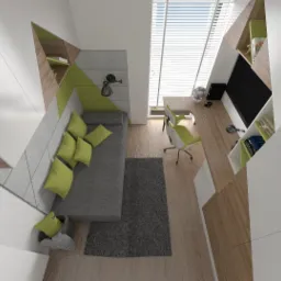 Wnętrze pokoju z miejscem do spania i pracy, widziane z góry: szara sofa z zielonymi poduszkami, biurko z krzesłem i lampką, białe ściany z drewnianymi akcentami i półkami.