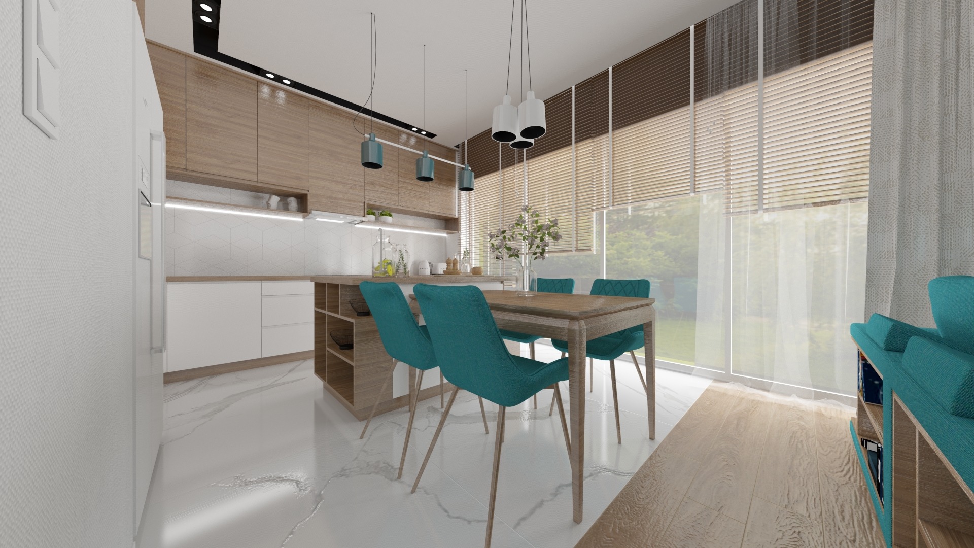 Wizualizacja nowoczesnej kuchni z jadalnią: drewniane szafki, białe heksagonalne płytki, marmurowa podłoga, stół z turkusowymi krzesłami i lampami wiszącymi w odcieniach szarości i turkusu.