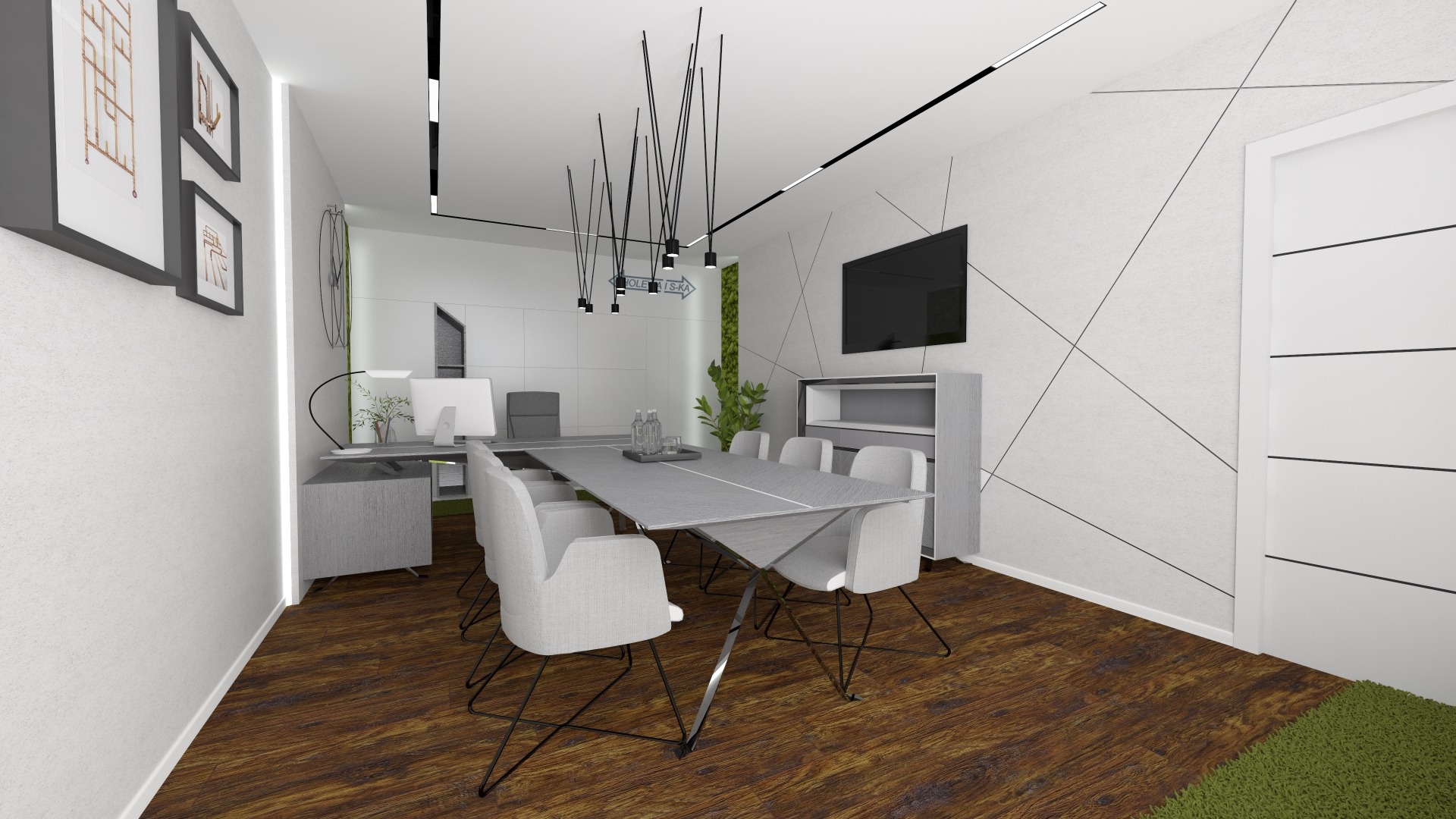 Wizualizacja nowoczesnego biura z długim stołem konferencyjnym, krzesłami z jasną tapicerką na metalowych nogach, minimalistycznym oświetleniem i dekoracyjną ścianą z geometrycznym wzorem.