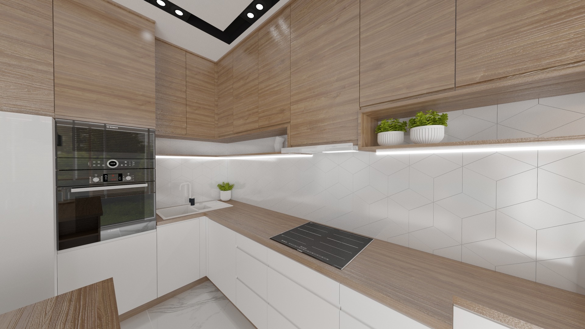 Wizualizacja nowoczesnej kuchni z drewnianymi szafkami górnymi, białymi dolnymi, płytą indukcyjną i piekarnikiem Bosch, oświetleniem LED pod szafkami i geometrycznymi płytkami na ścianie.