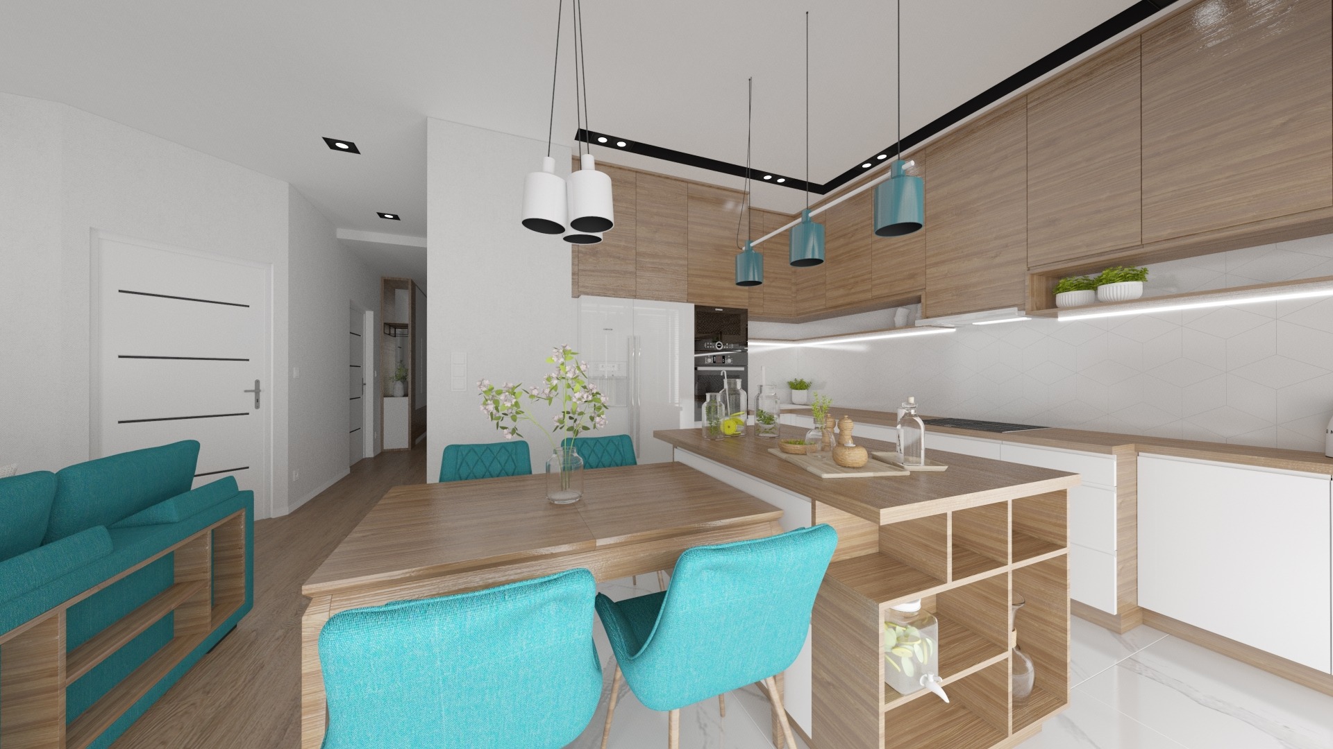 Wnętrze nowoczesnego mieszkania z otwartą kuchnią, drewnianymi szafkami, wyspą kuchenną z półkami, stołem z turkusowymi krzesłami i turkusową sofą w tle.