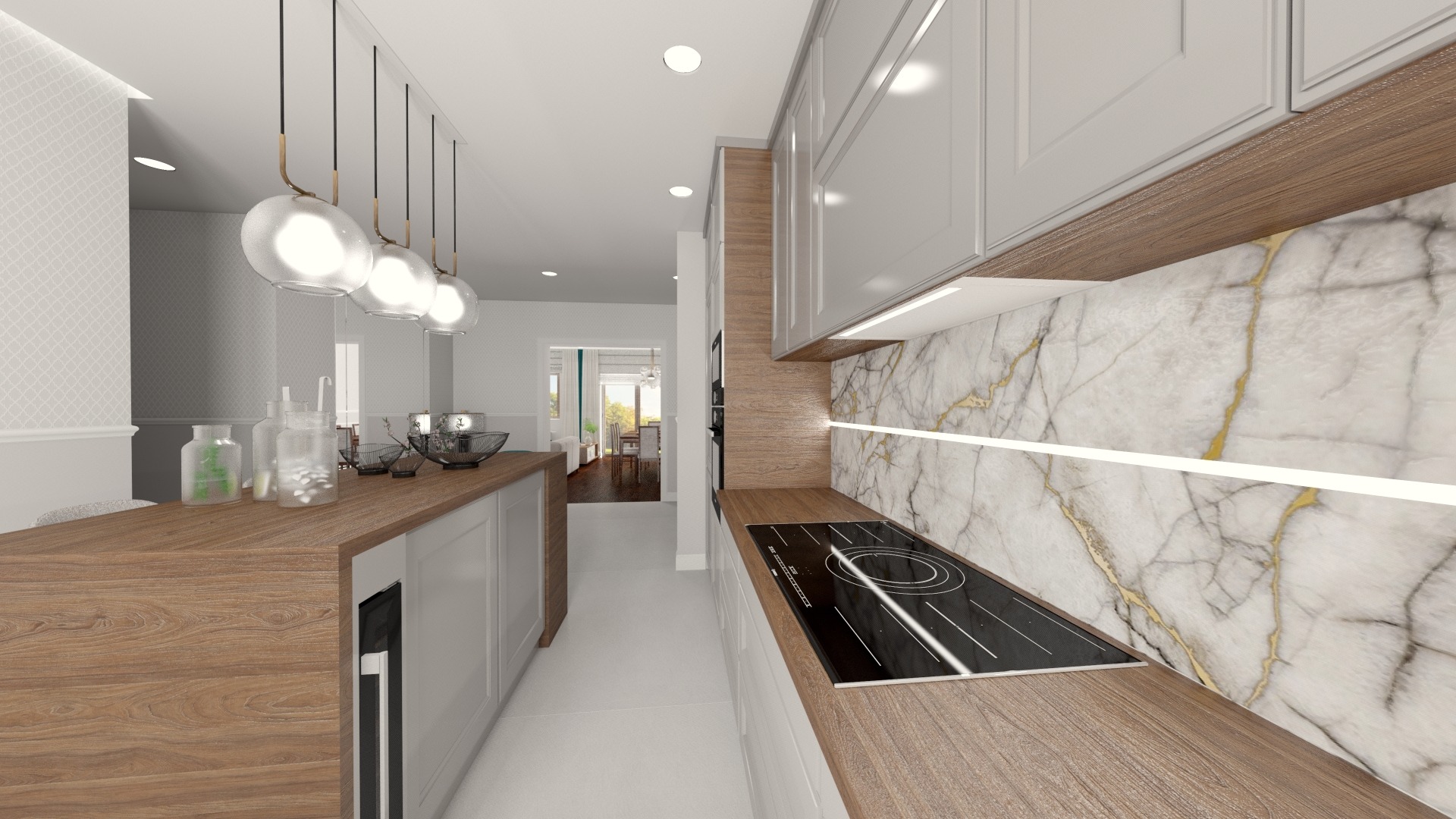 Wizualizacja nowoczesnej kuchni z marmurową ścianą nad blatem, drewnianym blatem i wyspą z wiszącymi lampami kulami.
