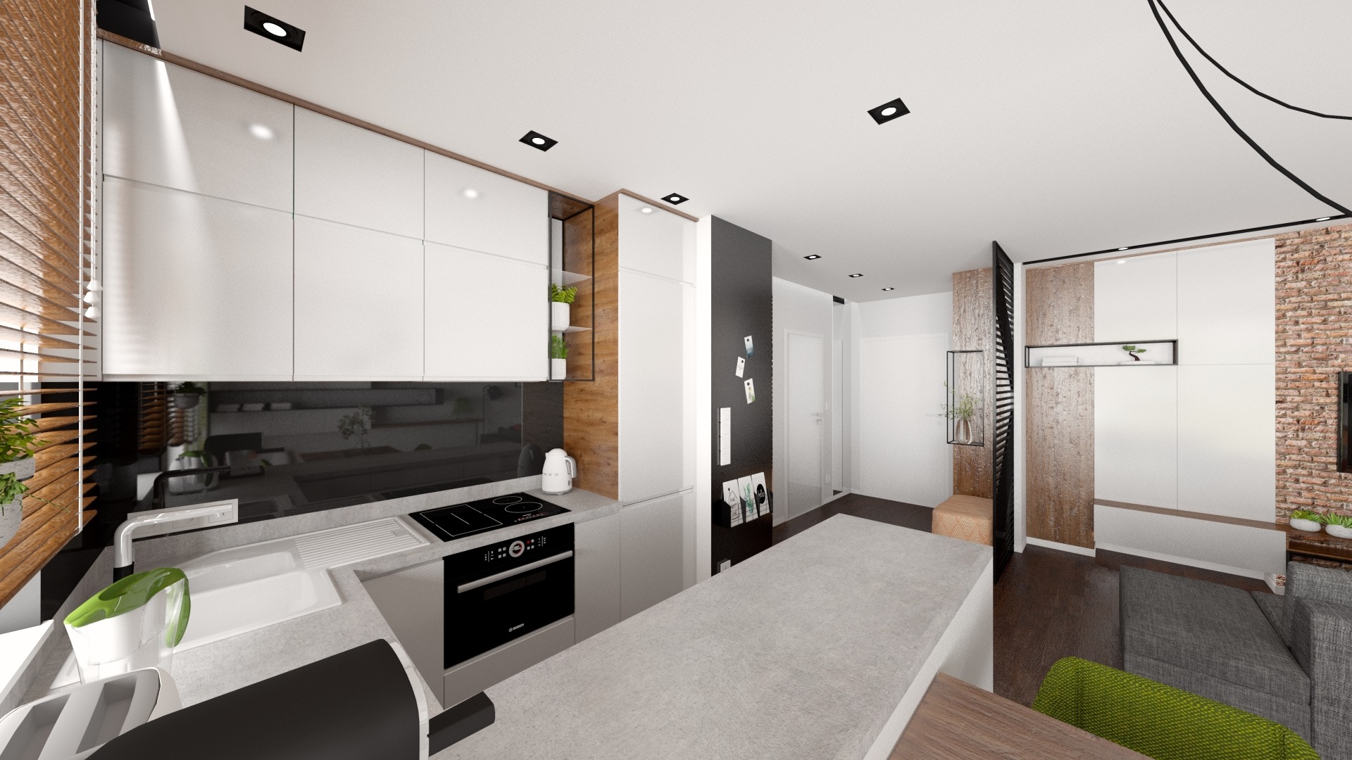 Wizualizacja wnętrza mieszkania: aneks kuchenny z białymi szafkami, czarnym panelem nad blatem, drewnianymi żaluzjami i wyspą, przechodzący w salon z ceglaną ścianą i szarą sofą.