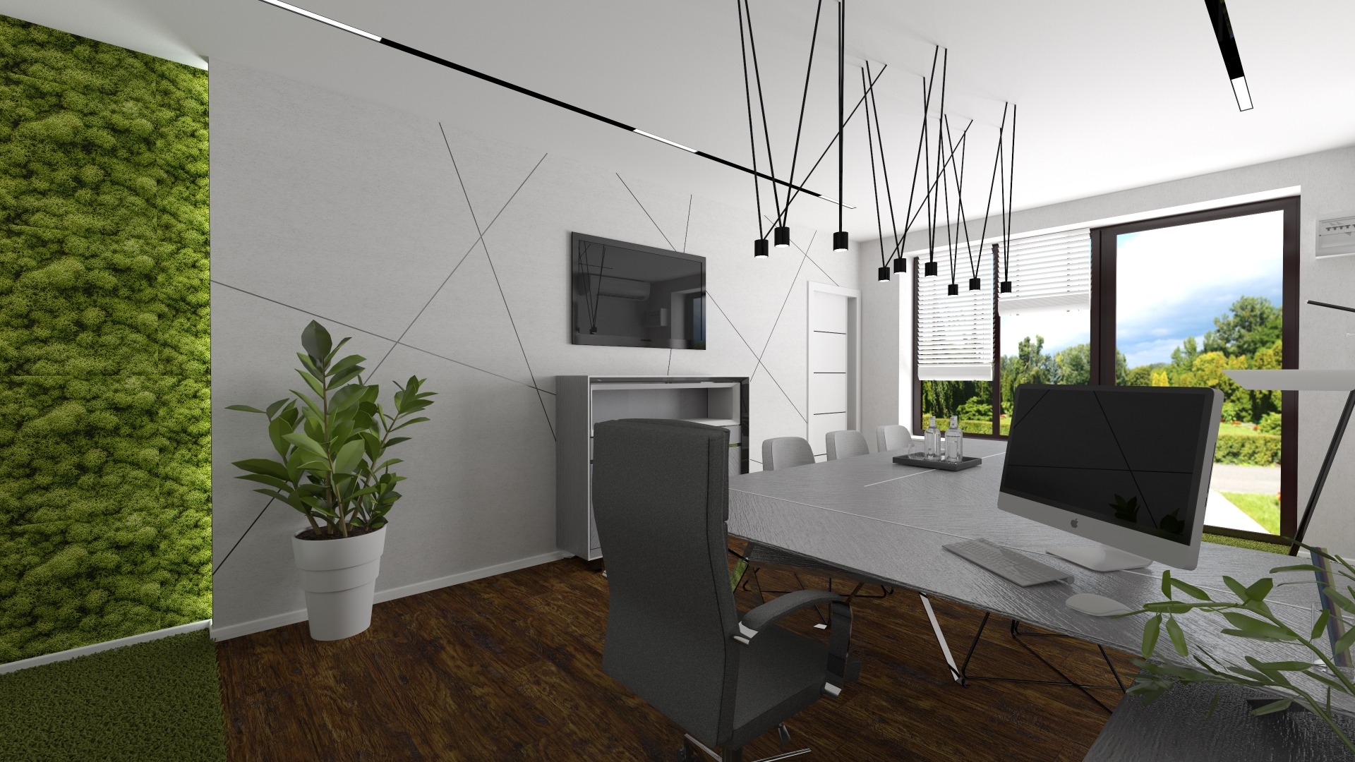 Nowoczesna sala konferencyjna z zieloną ścianą z mchu, długim stołem z komputerem, minimalistycznym oświetleniem i geometrycznym wzorem na ścianie.