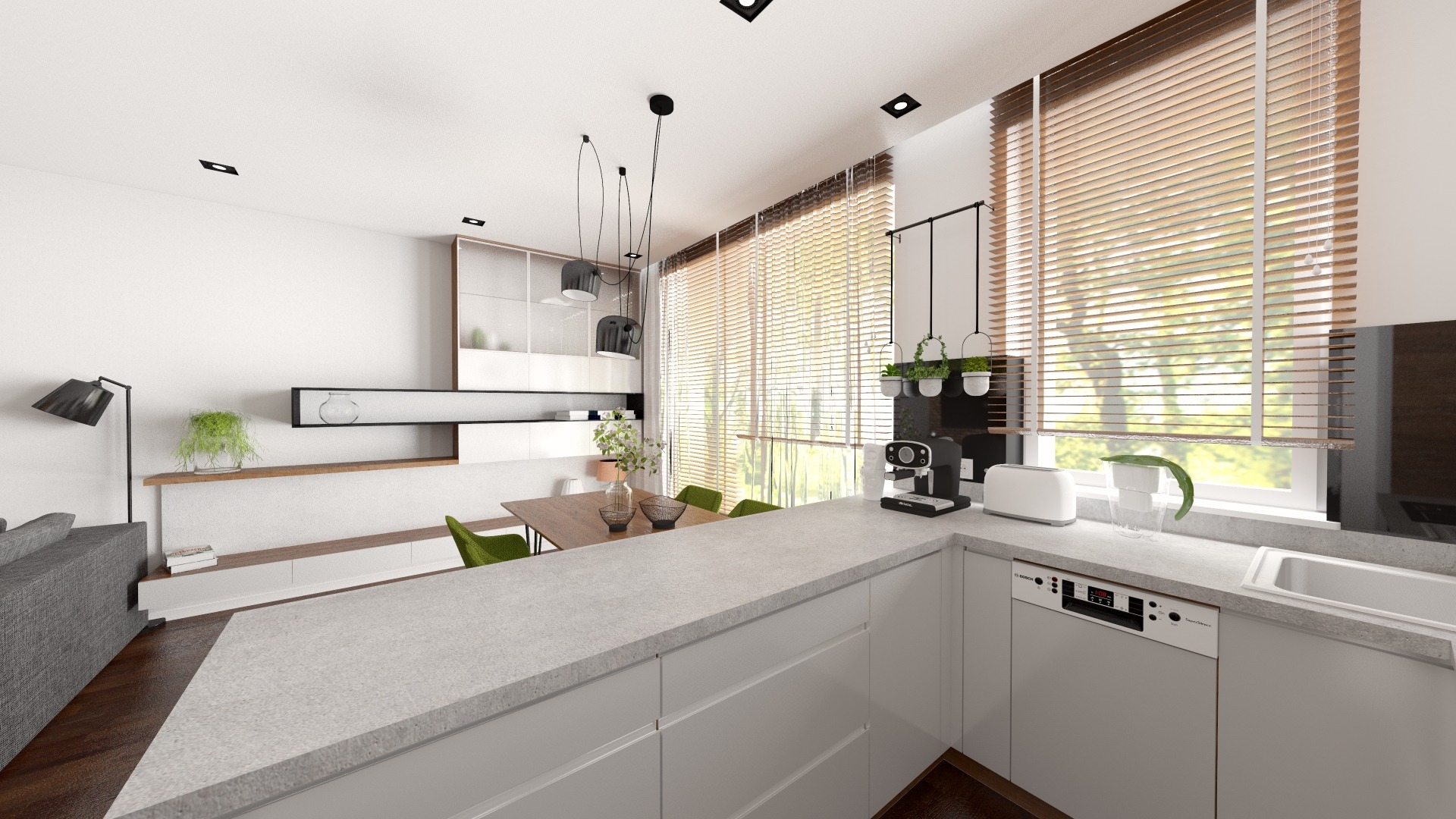 Jasna kuchnia z drewnianym stołem i zielonymi krzesłami, widok na okno z drewnianymi żaluzjami, nowoczesne oświetlenie wiszące i minimalistyczne dekoracje.