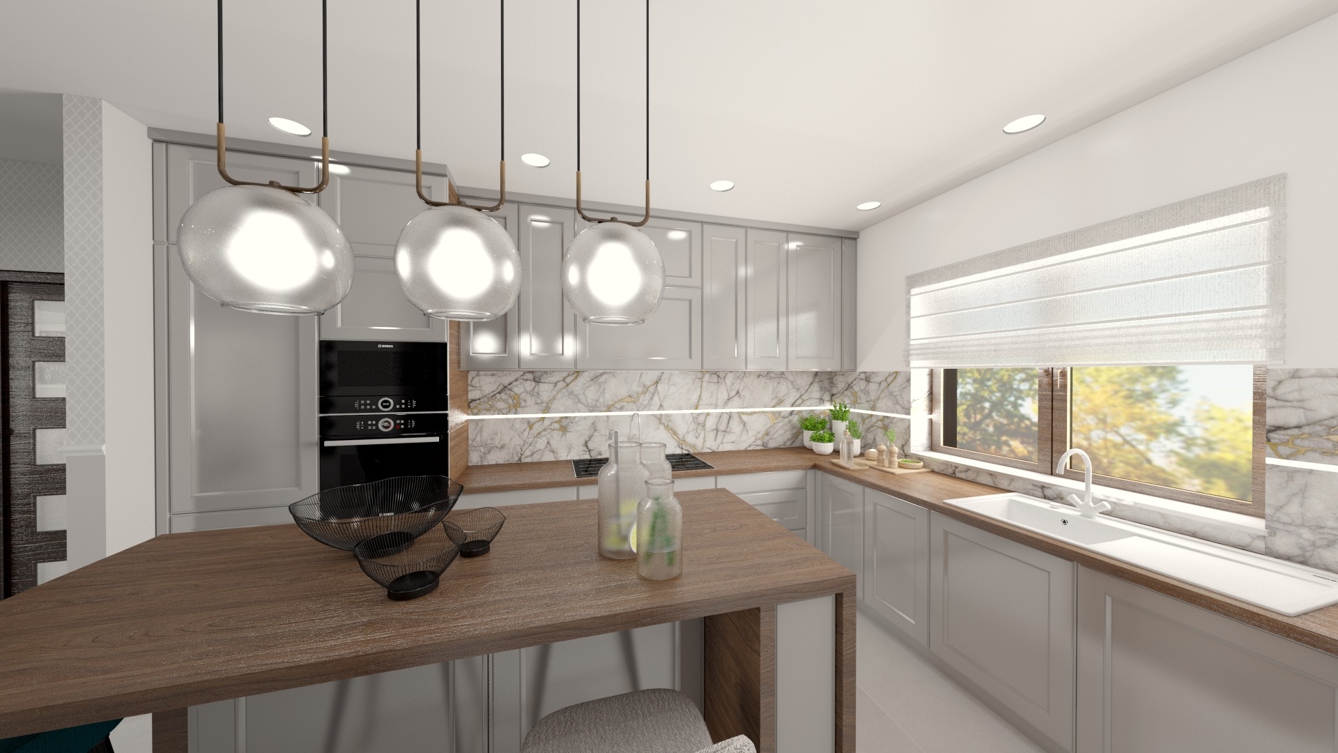 Wizualizacja nowoczesnej kuchni z szarymi szafkami, marmurowym backsplashiem, drewnianym blatem i wyspą, oświetlona trzema szklanymi lampami wiszącymi z czarnymi kablami.