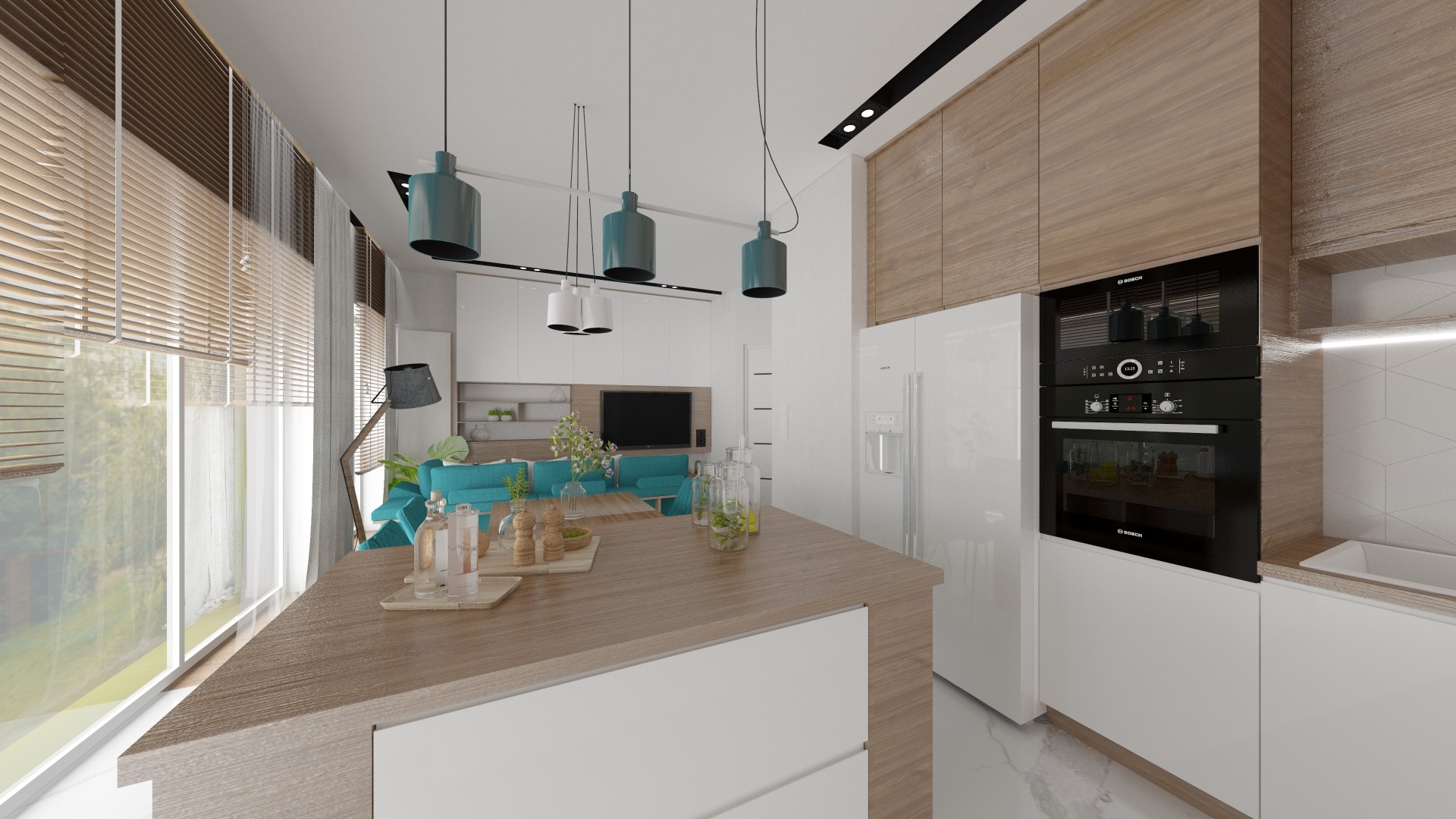 Wnętrze nowoczesnej kuchni z wyspą, widok na salon z turkusową sofą, drewniane blaty, białe szafki, zabudowany sprzęt AGD marki Bosch, okno z żaluzjami.