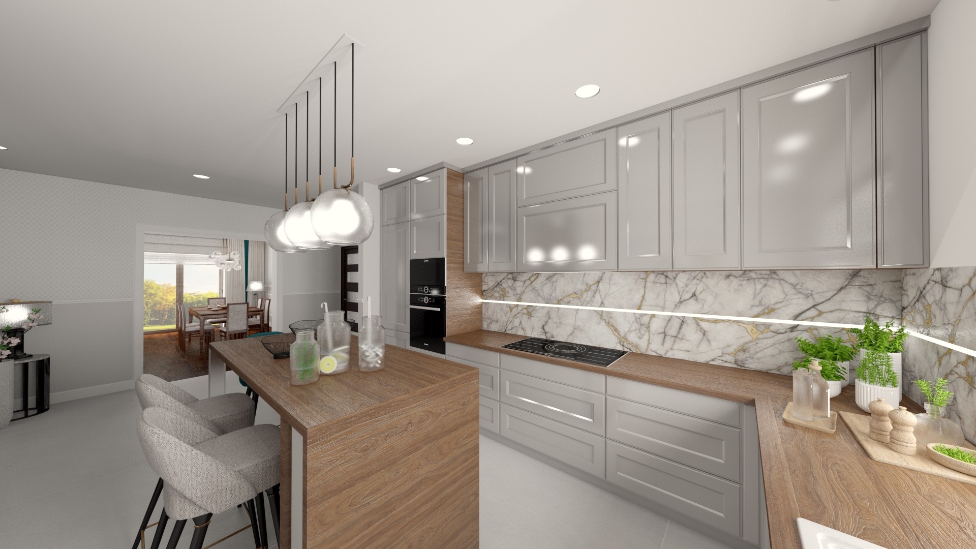 Wizualizacja nowoczesnej kuchni z szarymi szafkami, marmurowym backsplashiem podświetlonym LED, drewnianym blatem i wyspą z hokerami, widok na jadalnię w tle.