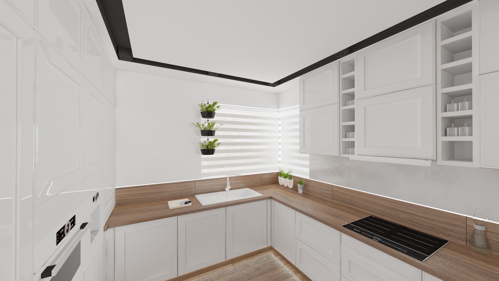 Wizualizacja nowoczesnej, jasnej kuchni z białymi szafkami, drewnianym blatem, minimalistycznym oświetleniem podszafkowym LED i trzema doniczkami z ziołami wiszącymi przy oknie z żaluzjami poziomymi.