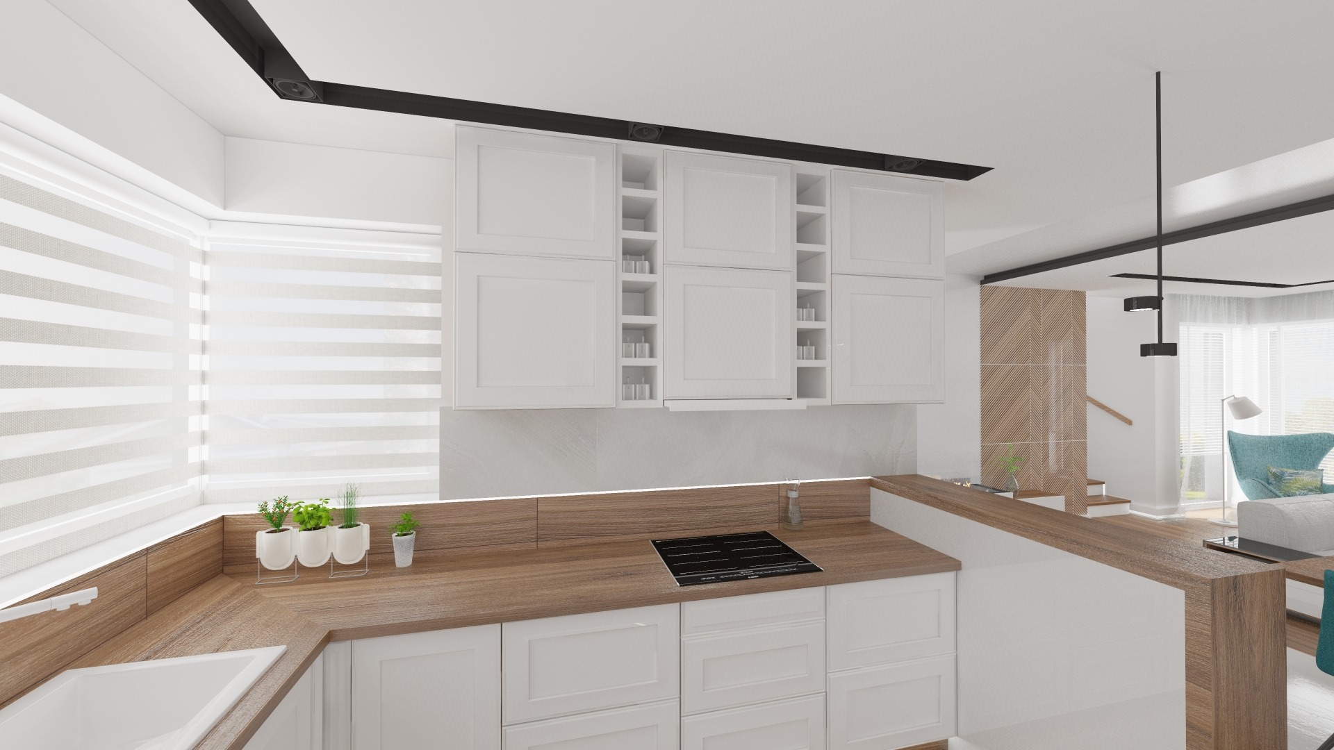 Wnętrze nowoczesnej kuchni z białymi szafkami, drewnianym blatem i oknem z żaluzjami dzień-noc, widok na salon z turkusowym fotelem i schodami.