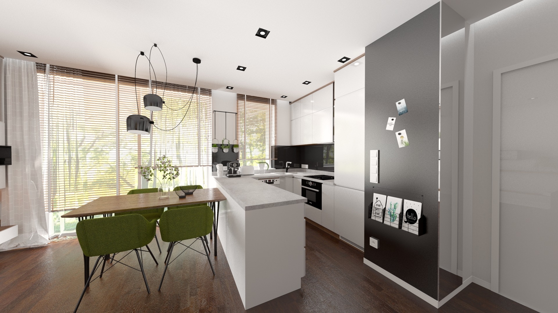 Jasne wnętrze kuchni z jadalnią, drewniany stół z zielonymi krzesłami, białe szafki kuchenne z czarnym panelem nad blatem, wyspa kuchenna z szarym blatem, drewniana podłoga, żaluzje w oknach...