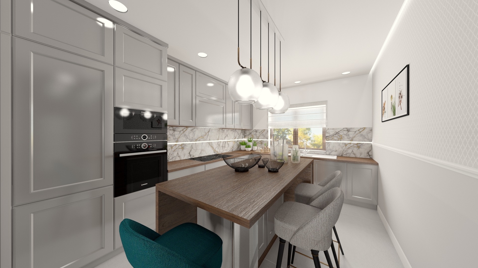 Wizualizacja nowoczesnej kuchni w odcieniach szarości z marmurowym blatem, drewnianym półwyspem z hokerami i szklanymi lampami wiszącymi.