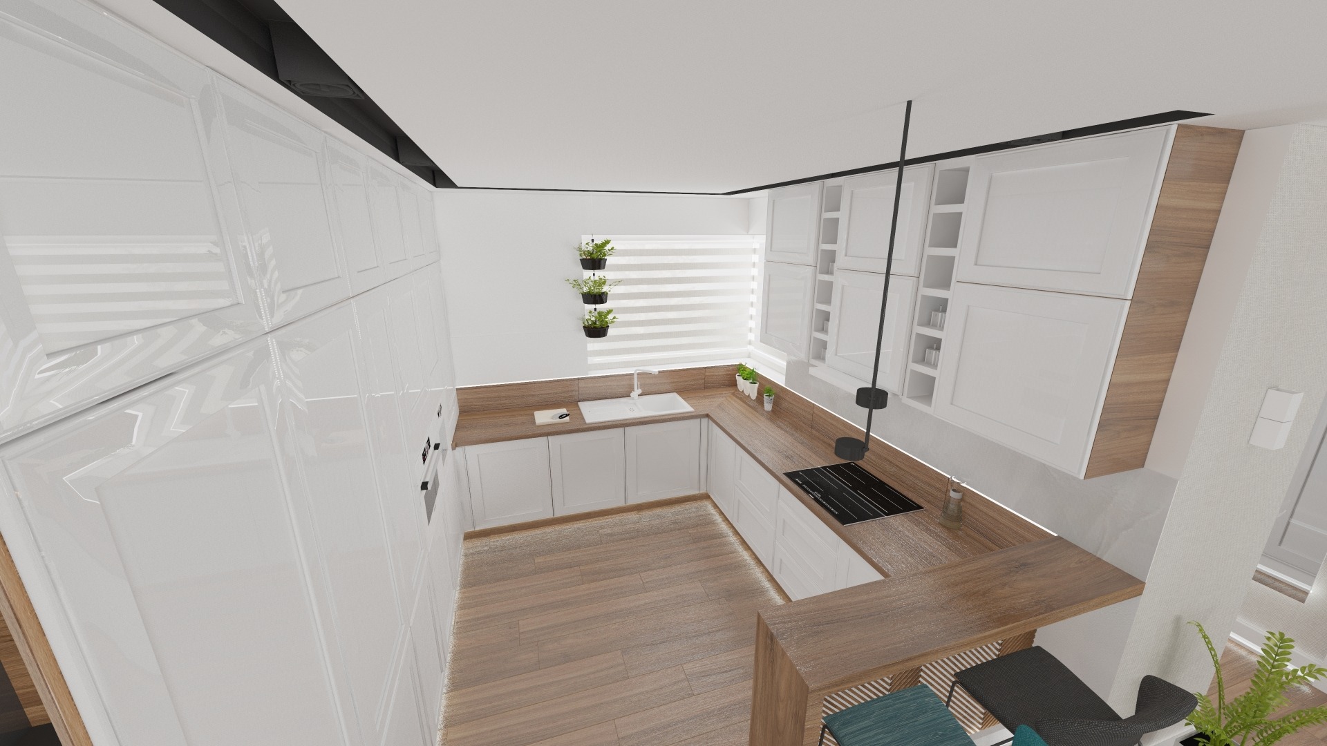 Wnętrze nowoczesnej kuchni z białymi, błyszczącymi szafkami, drewnianym blatem i podłogą, widok z góry, z wiszącymi doniczkami z ziołami przy oknie.