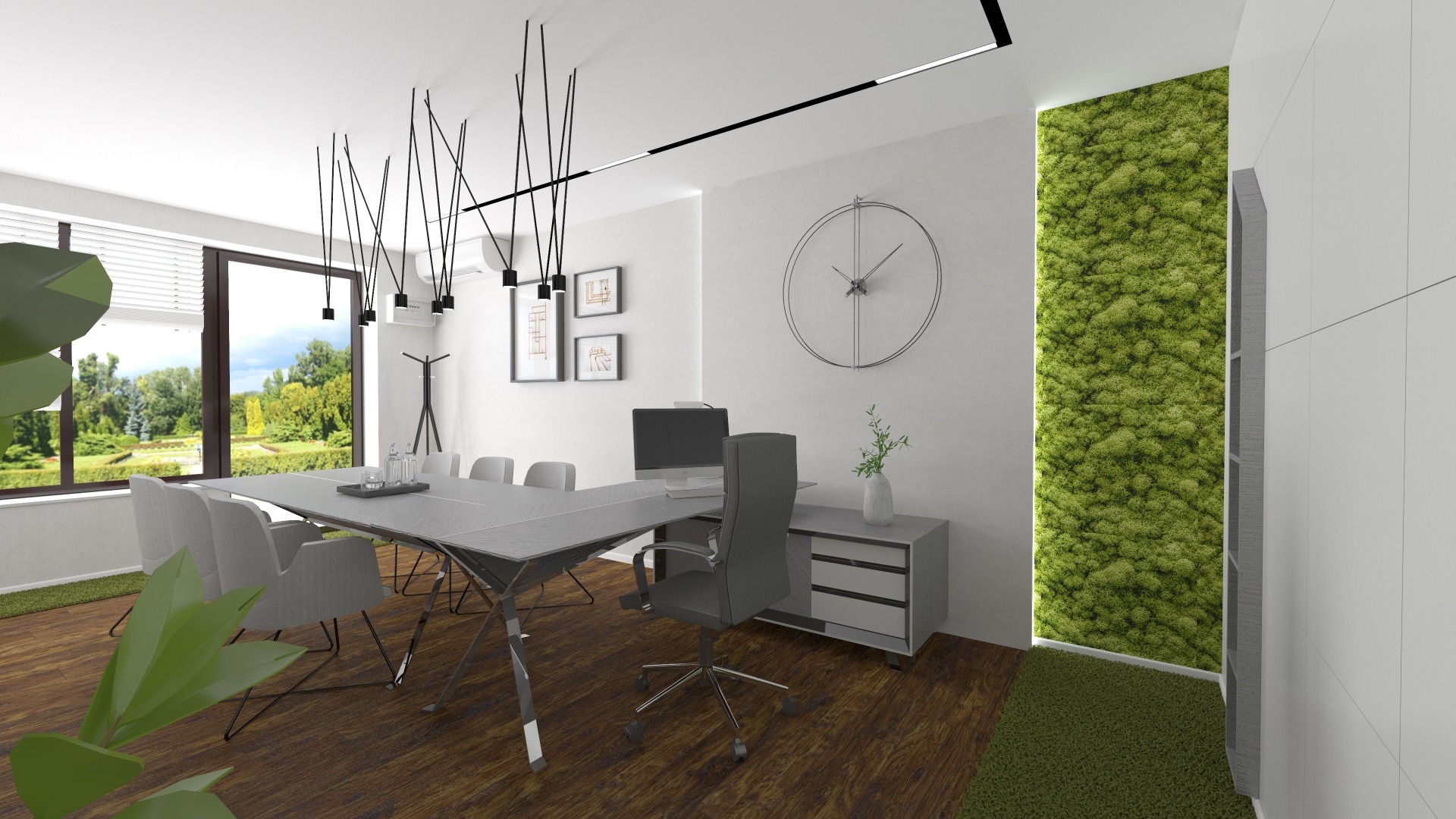 Wizualizacja nowoczesnej sali konferencyjnej z dużym oknem wychodzącym na ogród, minimalistycznym oświetleniem i ścianą pokrytą mchem.