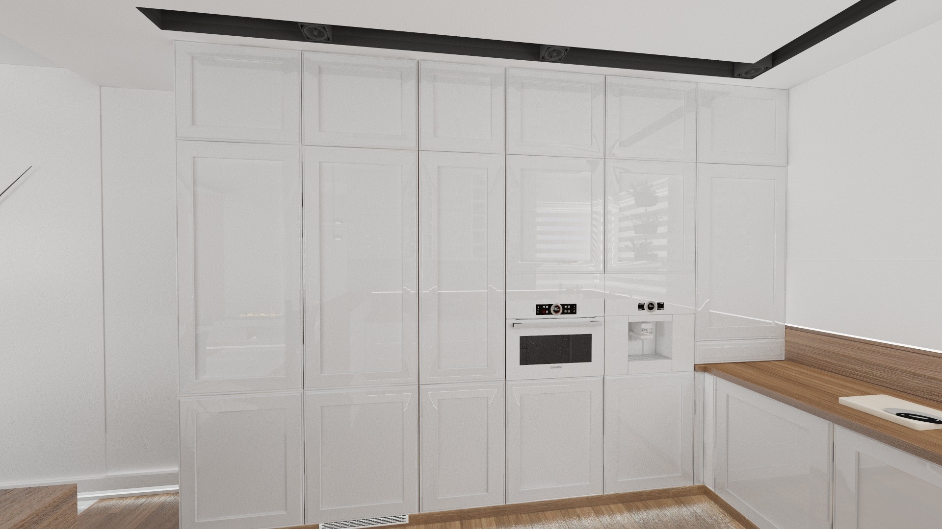 Nowoczesna, biała zabudowa kuchenna z lakierowanymi frontami, wbudowanym piekarnikiem i dystrybutorem wody, oświetlenie podszafkowe LED.
