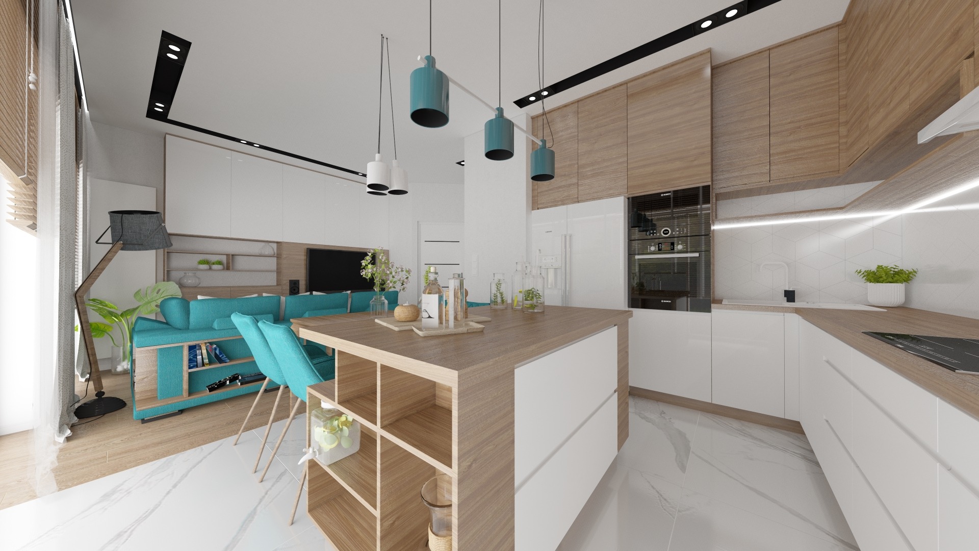 Wizualizacja nowoczesnego wnętrza: salon z aneksem kuchennym, turkusowa sofa z regałem na książki, drewniany stolik-wyspa kuchenna z dekoracjami, białe szafki kuchenne z drewnianymi akcentami...