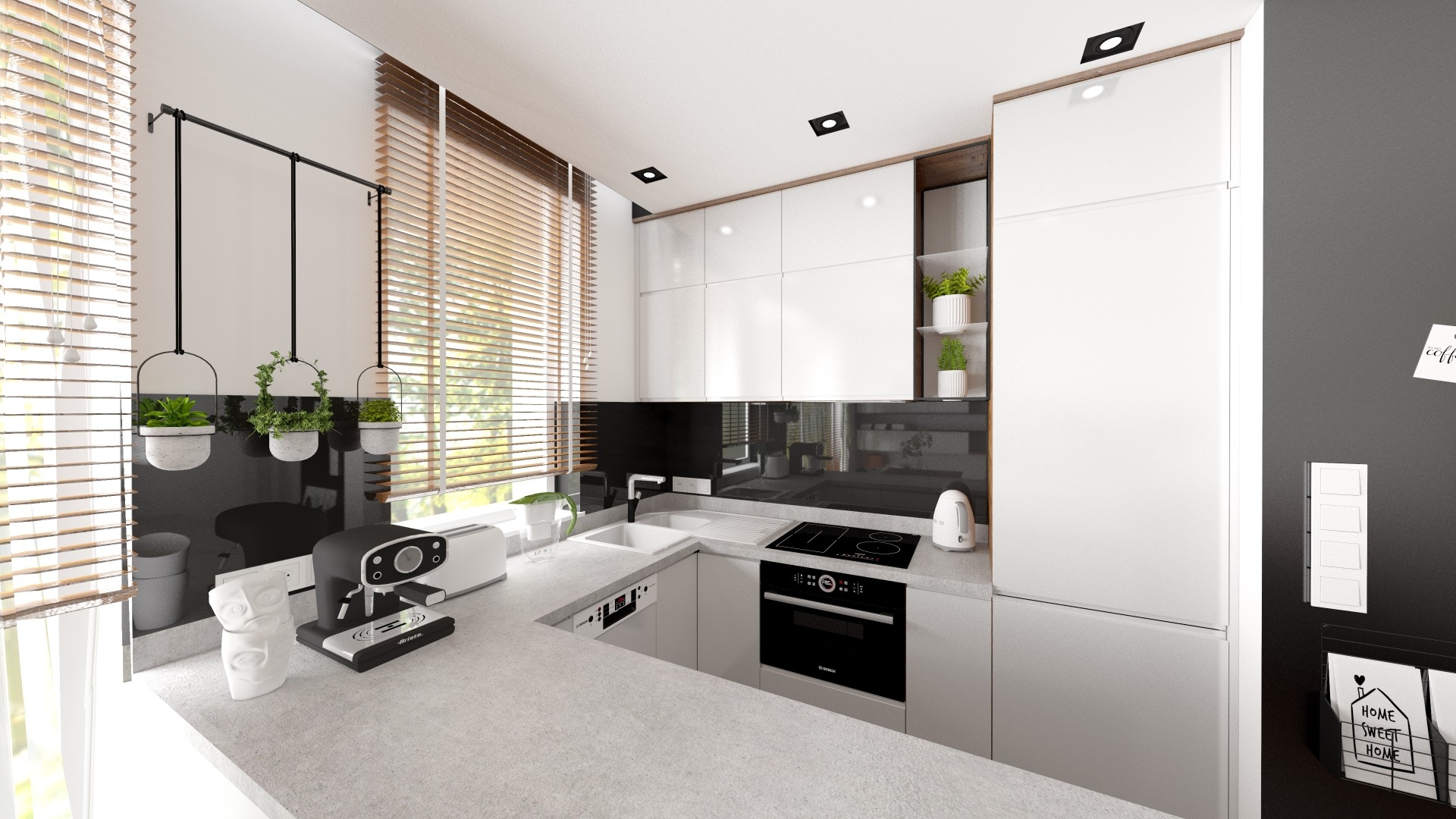 Nowoczesna, jasna kuchnia z białymi szafkami, szarym blatem, czarnym panelem nad blatem, roślinami w wiszących doniczkach i ekspres do kawy na blacie