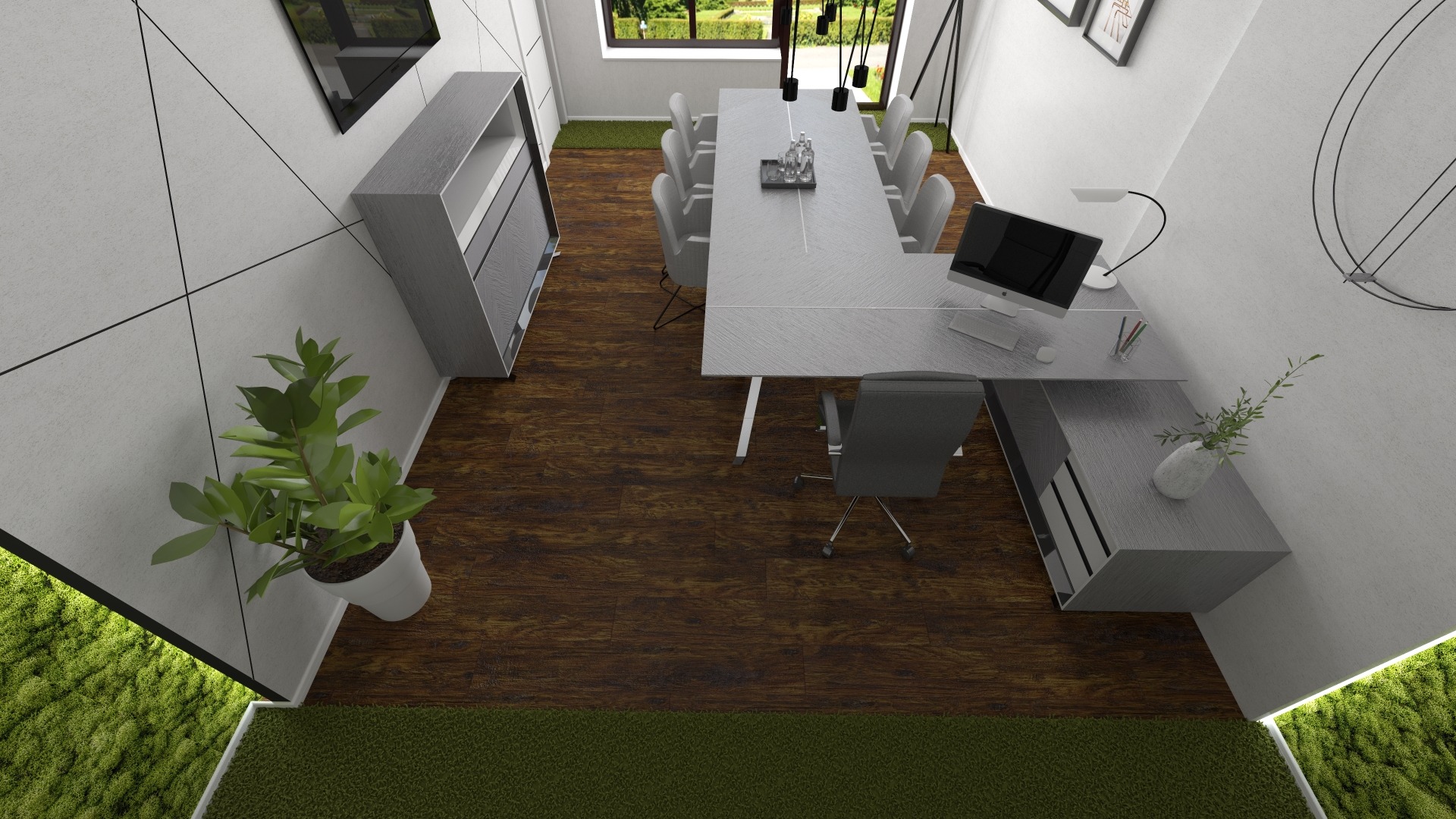 Wizualizacja nowoczesnego biura w Puławach z dużym stołem konferencyjnym, stanowiskiem pracy z komputerem, roślinami doniczkowymi i elementami zieleni na podłodze.