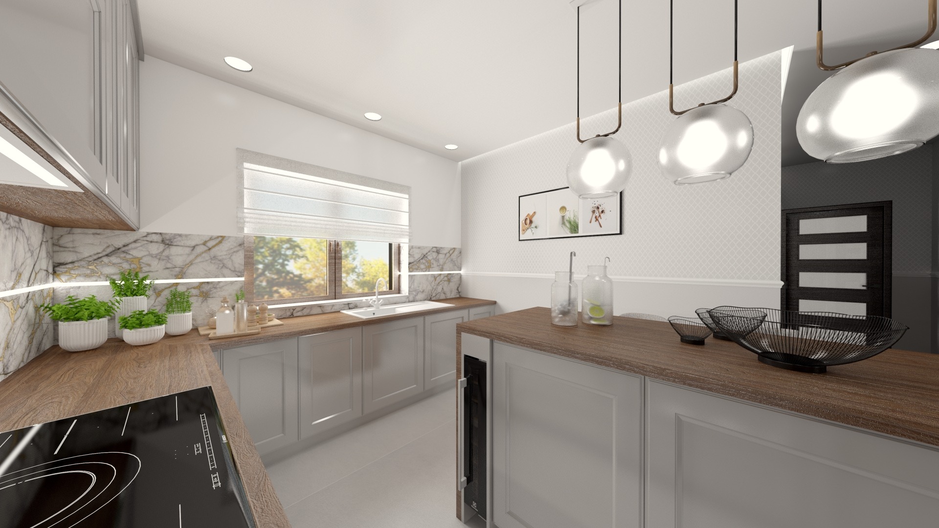 Wizualizacja jasnej kuchni z marmurowym backsplashiem, drewnianym blatem, wyspą kuchenną i trzema szklanymi lampami wiszącymi.