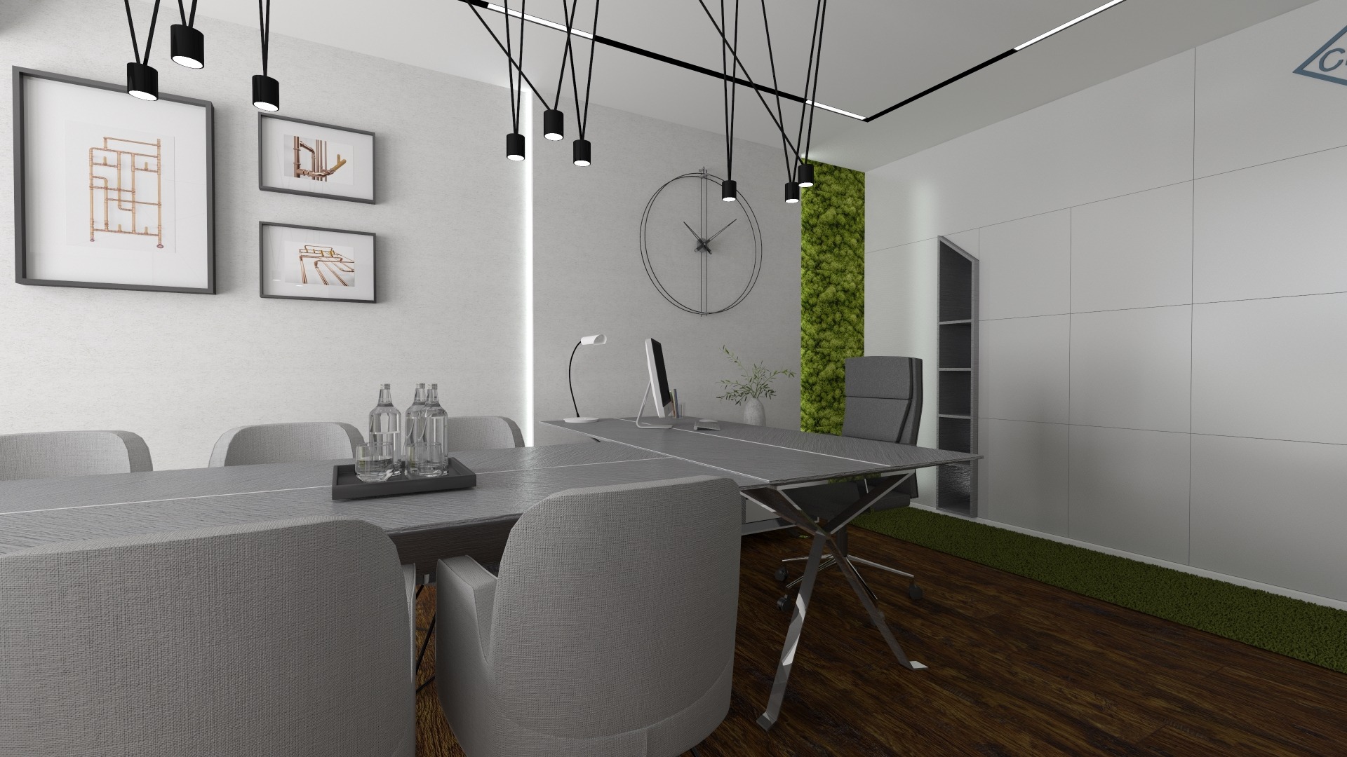 Wizualizacja nowoczesnego biura z dużym stołem konferencyjnym, szarymi krzesłami, minimalistycznym oświetleniem i ścianą z mchu.