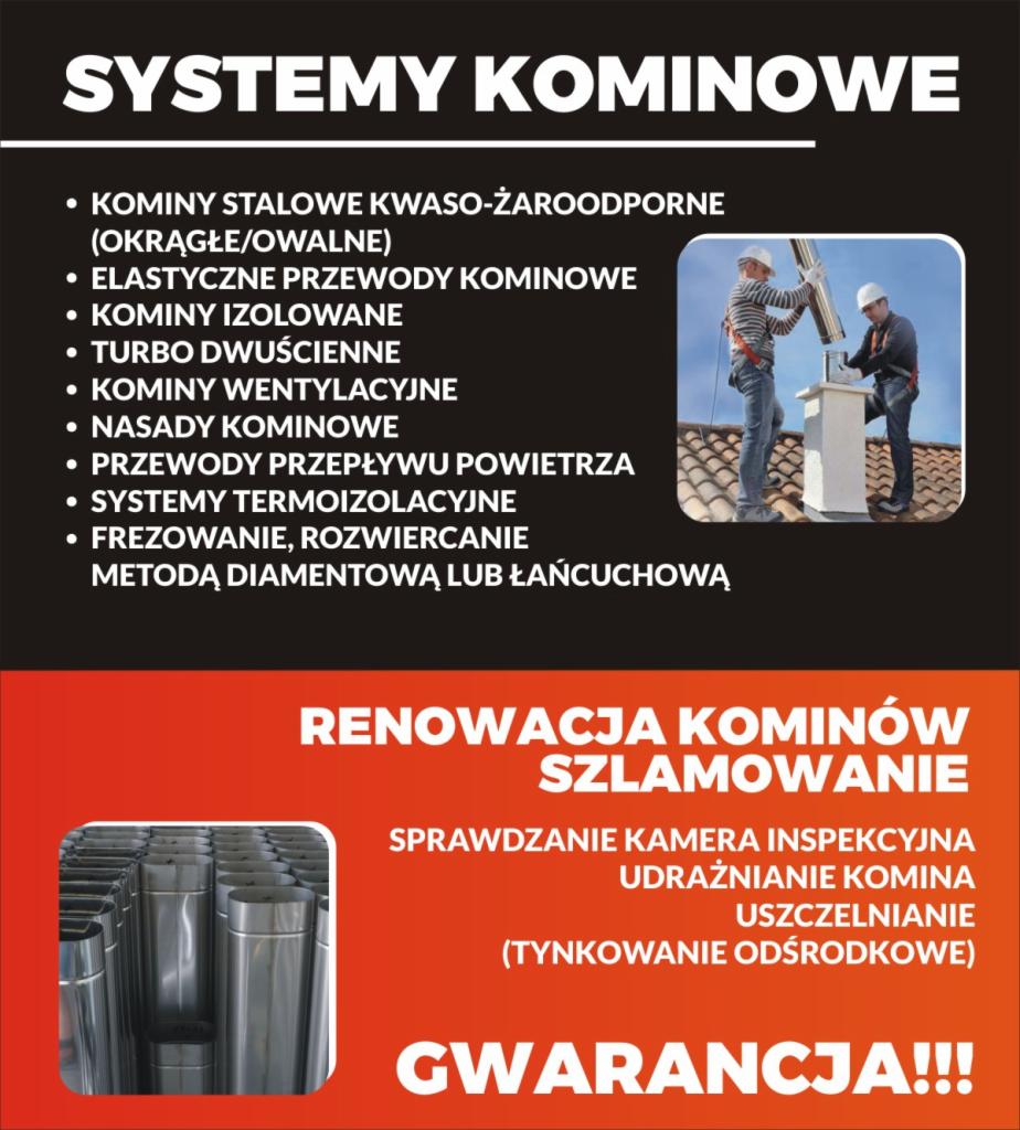 Grafika reklamowa usług kominiarskich: montaż komina stalowego przez dwóch kominiarzy na dachu, lista oferowanych systemów kominowych, renowacja kominów i gwarancja.