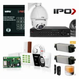 Zestaw urządzeń zabezpieczających: centrala alarmowa z klawiaturą, czujniki ruchu i dymu, pilot, kamera IP z rejestratorem, domofon z panelem numerycznym i napędy do bram. Różne marki i modele...