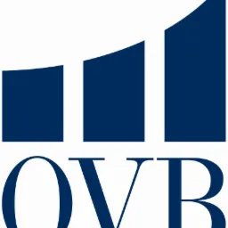 Granatowe logo OVB z trzema kolumnami wzrostu na białym tle.