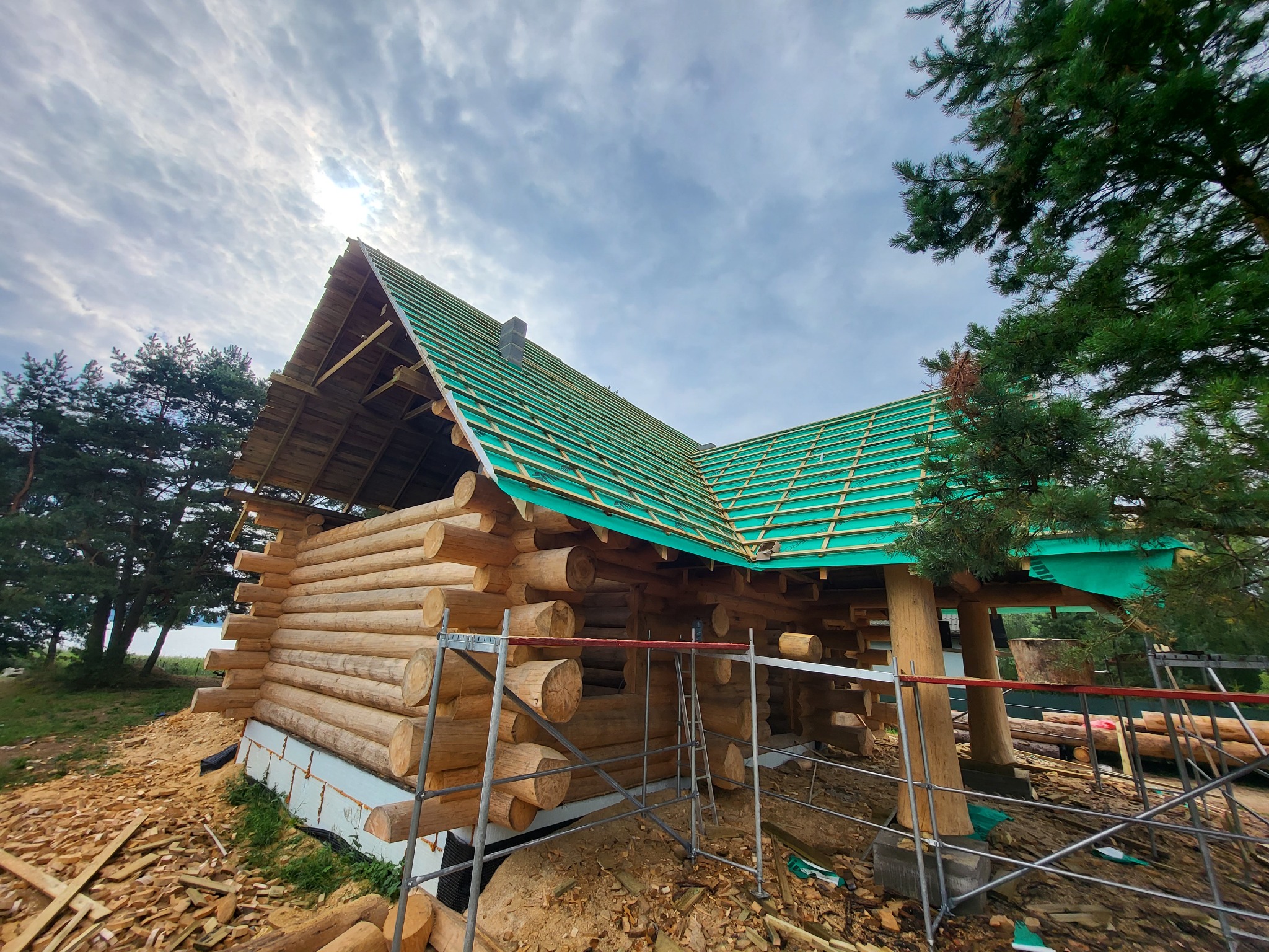 Drewniany dom z bali w trakcie budowy, widoczna zielona membrana dachowa i rusztowanie, fragment lasu w tle.