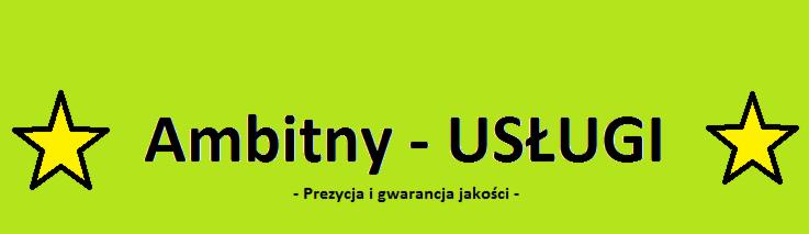 Grafika z nazwą firmy 'Ambitny - USŁUGI' w kolorze czarnym, otoczona dwoma żółtymi gwiazdami na jasnozielonym tle, z hasłem 'Precyzja i gwarancja jakości' poniżej.