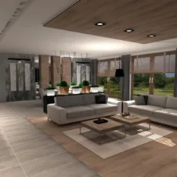 Wizualizacja przestronnego salonu z dwoma szarymi sofami, drewnianym sufitem z wpuszczanymi lampami i dużymi oknami z żaluzjami.