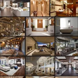 Kolaż zdjęć prezentujący różnorodne, luksusowe wnętrza, w tym kuchnie, łazienki i salony, z logo 'sh DESIGN' i hasłem 'Projektowanie wnętrz' oraz adresami stron internetowych.