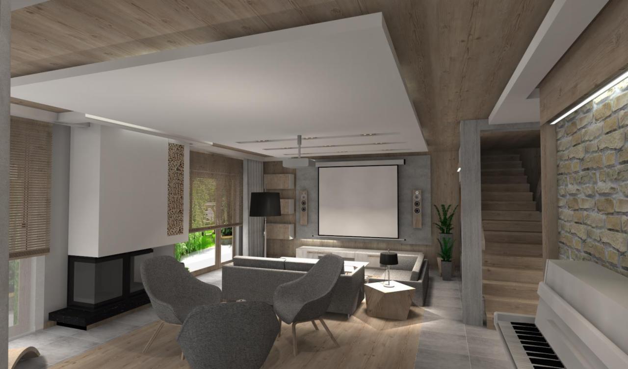 Wizualizacja salonu z projektorem, kominkiem i fortepianem, drewniane wykończenia ścian i sufitu, szare meble wypoczynkowe.