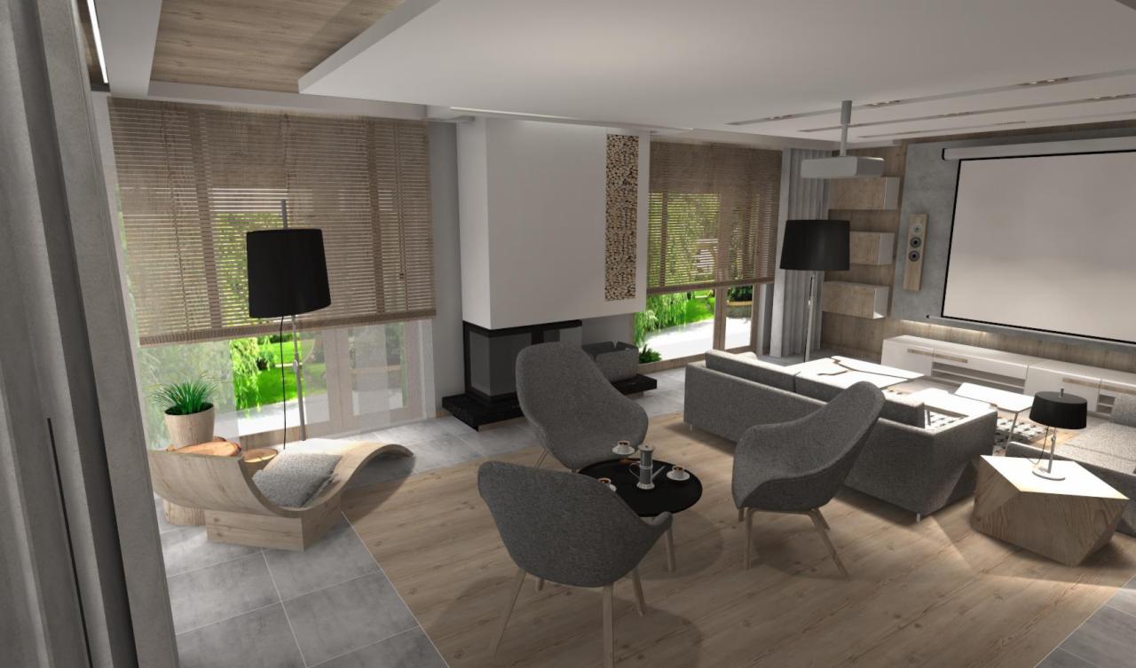 Wizualizacja salonu z kominkiem, szarymi meblami i projektorem, widok na ogród przez okna z żaluzjami.