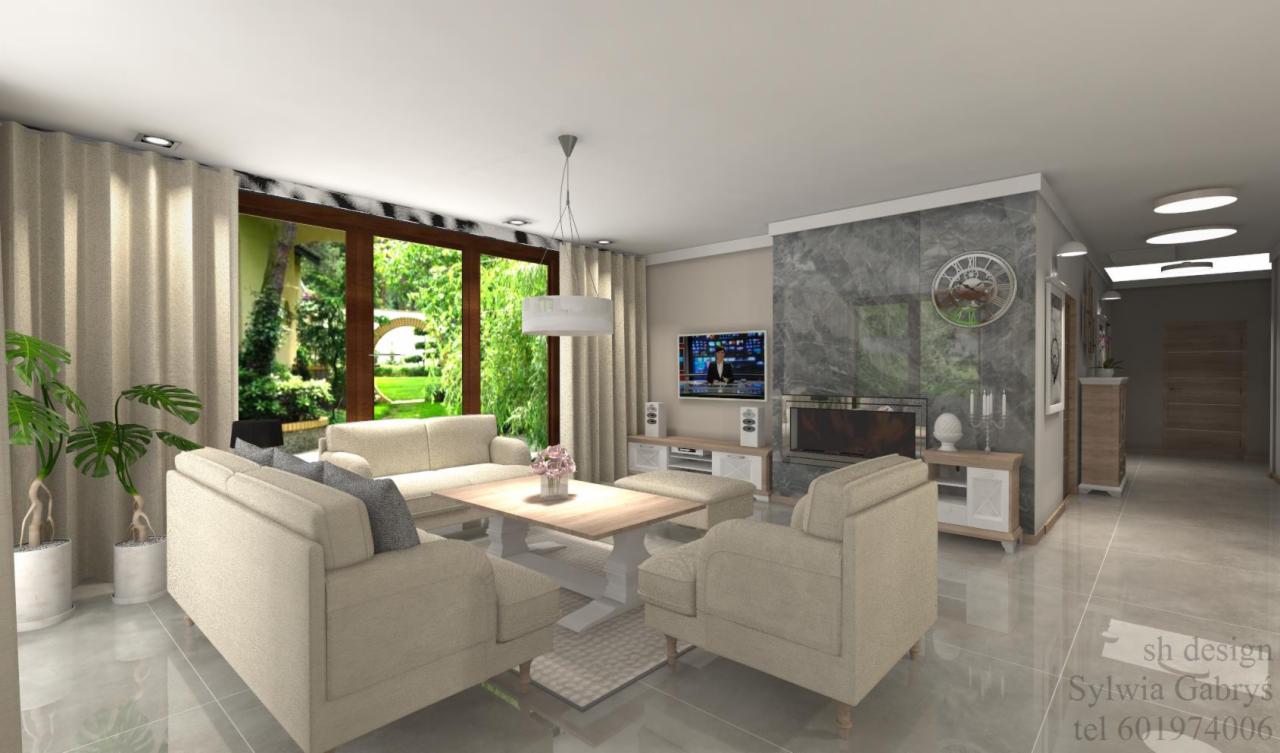 Wizualizacja salonu z beżowymi sofami, marmurową ścianą z kominkiem i widokiem na ogród przez duże okno.