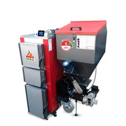 TWÓJPIEC SPÓŁKA Z OGRANICZONĄ ODPOWIEDZIALNOŚCIĄ - Nowoczesny, automatyczny piec na paliwo stałe z podajnikiem, oznaczony logiem 'Hot Max' i certyfikatem Eco Design klasy 5, pokazany na białym tle.
