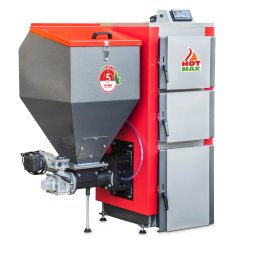 TWÓJPIEC SPÓŁKA Z OGRANICZONĄ ODPOWIEDZIALNOŚCIĄ - Nowoczesny piec na paliwo stałe z podajnikiem ślimakowym, oznaczony etykietą Eco Design klasy 5, marki Hot Max, z widocznym sterownikiem elektronicznym i trzema drzwiczkami inspekcyjnymi.