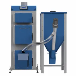 Nowoczesny piec na pellet z podajnikiem, w kolorach szarym i niebieskim, prezentowany na białym tle.