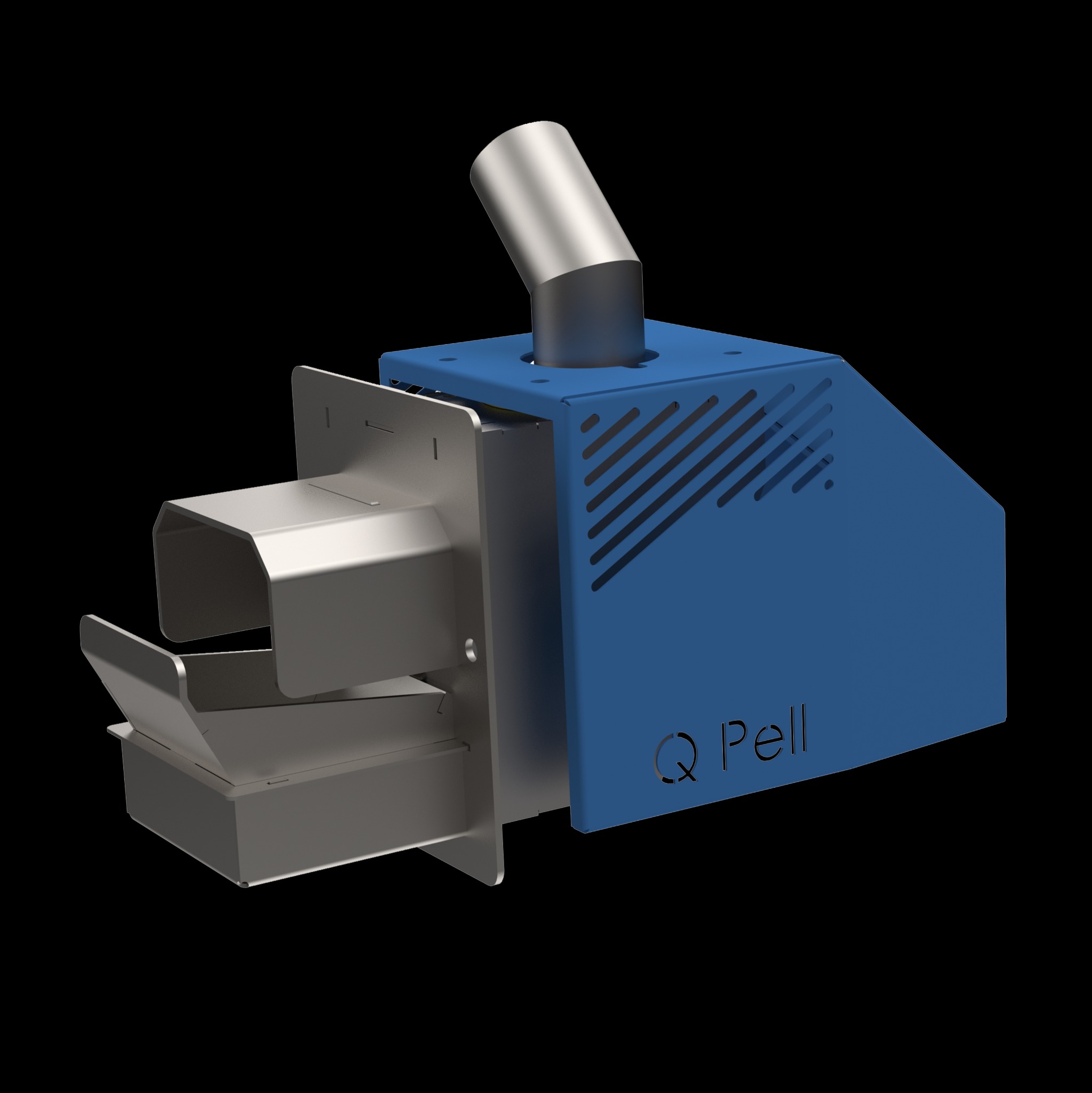 Niebieski piec na pellet z podajnikiem i wylotem spalin, widoczne logo 'Q Pell', render 3D na czarnym tle.