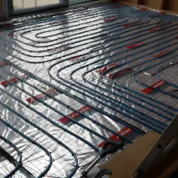 Rozłożona instalacja wodnego ogrzewania podłogowego na srebrnej folii izolacyjnej z widocznymi czerwonymi elementami mocującymi, drabina oparta o ścianę, surowy stan wykończenia.