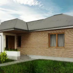 Wizualizacja domu jednorodzinnego z drewnianą elewacją w poziomym układzie, szarym dachem i białymi elementami, otoczonego zielenią i kamienną ścieżką.