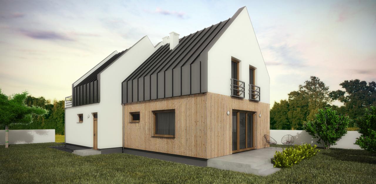 Wizualizacja nowoczesnego domu jednorodzinnego z elewacją z jasnego drewna i ciemną blachą na dachu, z balkonami z metalowymi barierkami, otoczonego zielonym trawnikiem i drzewami.