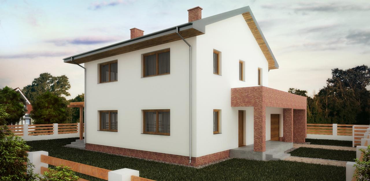 Wizualizacja dwukondygnacyjnego domu z białymi ścianami i ceglanymi elementami dekoracyjnymi, widok z zewnątrz w pochmurny dzień, z drewnianym ogrodzeniem i zielenią w tle.