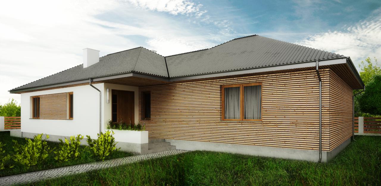 Wizualizacja domu jednorodzinnego z drewnianą elewacją w poziomym układzie, szarym dachem i białymi elementami, otoczonego zielenią i kamienną ścieżką.