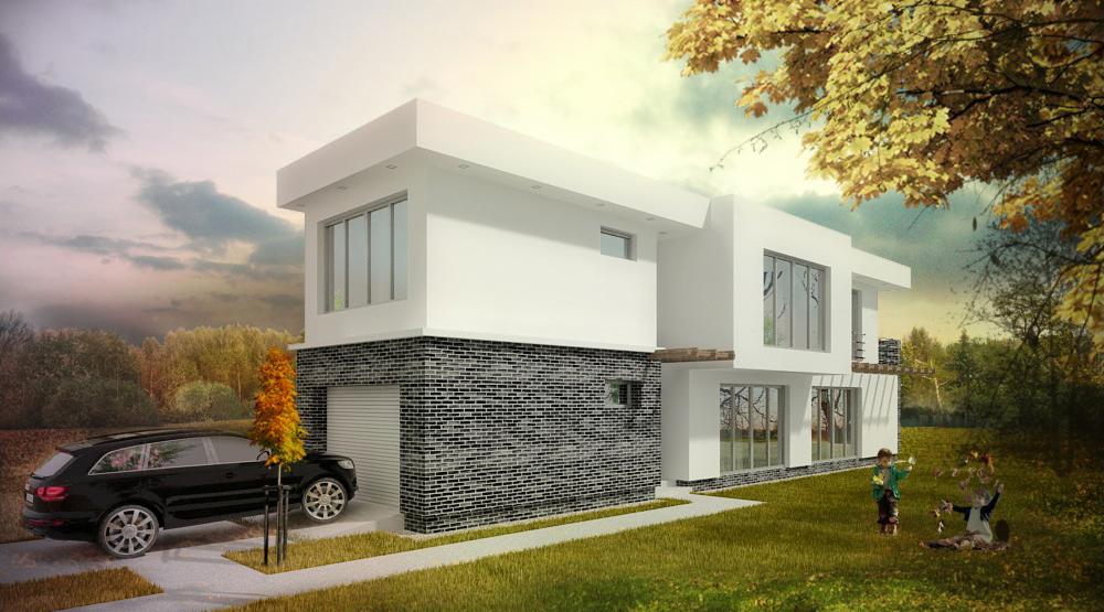 Wizualizacja nowoczesnego domu z płaskim dachem, wykończonego białym tynkiem i ciemną cegłą, z czarnym SUV-em zaparkowanym obok garażu oraz bawiącymi się dziećmi na trawniku w jesiennej scenerii.