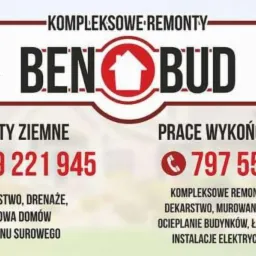 Wizytówka firmy Benobud oferującej kompleksowe remonty, roboty ziemne, brukarstwo, budowę domów od stanu surowego oraz prace wykończeniowe, dekarstwo, murowanie, tynkowanie, ocieplanie budynków...