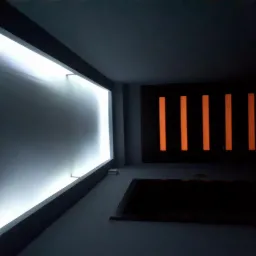 Nowoczesne wnętrze z podświetlaną ścianą i dekoracyjnym panelem z pionowymi, pomarańczowymi paskami, widok z dołu.