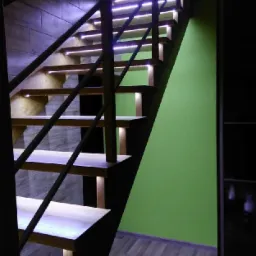 Drewniane schody z podświetleniem LED na stopniach i ścianie wykończonej płytami imitującymi kamień, z zieloną ścianą w tle.